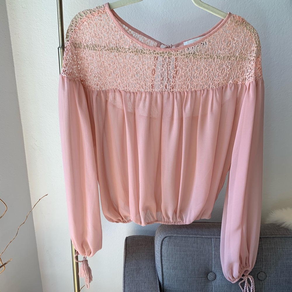 1st Sight Lace Blouse with Tie Tassles - Pink